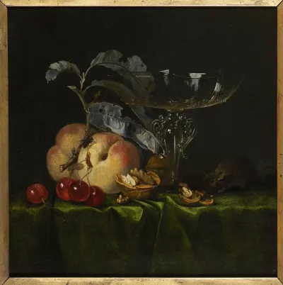 Still life with glass tazza, fruit, walnuts and a mouse