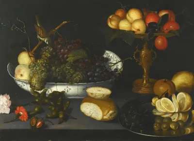 Still-life with grapes in a porcelain bowl, fruie in a gilt tazza and other objects