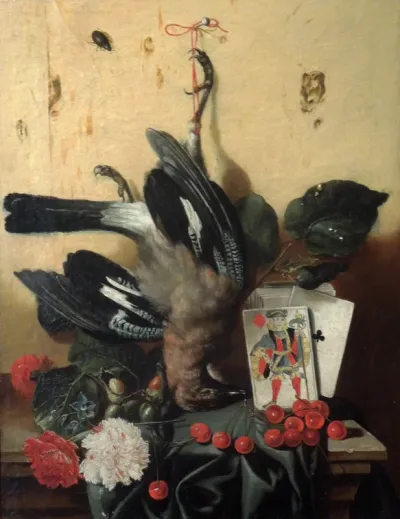 Still Life with Jaybird, Cards, Carnations and Cherries