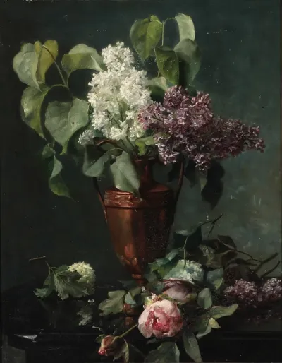 Still life with lilacs in a copper vase.