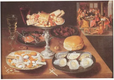 Still life with oysters and sweets, in the background "Lazarus and the Rich Man"