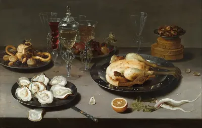 Still life with oysters, roasted chicken, sweets and dried fruits