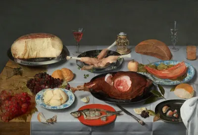 Still life with oysters, roasted chicken, sweets and dried fruits