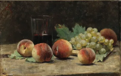 Still life with peaches, grapes and a glass of wine on a table.