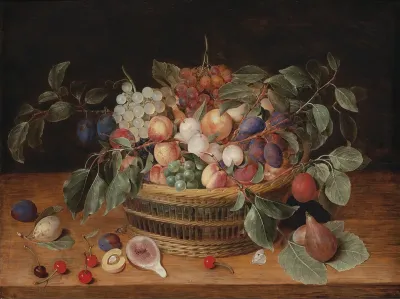 Still life with peaches, plums and grapes in a basket on a ledge