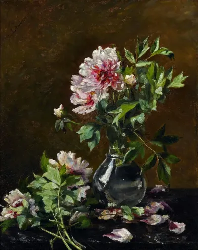 Still life with peonies in a glass vase.da=Opstilling med pæoner i en glasvase.