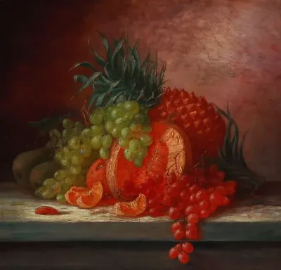 Still life with pineapples, grapes and oranges.