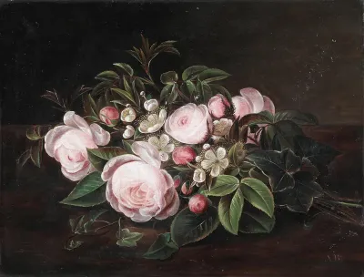 Still life with pink flowers and appleblossom on a stone sill.