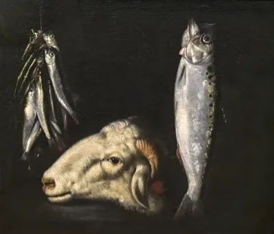 Still life with ram's head and hanging fish