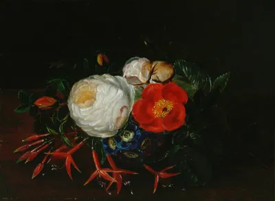 Still life with roses, primula and fuchsia on a ledge.