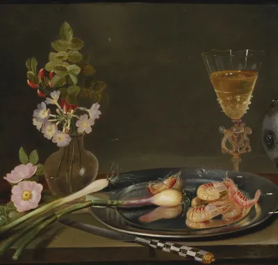 Still life with shrimp, ramps, flowers and a glass vase