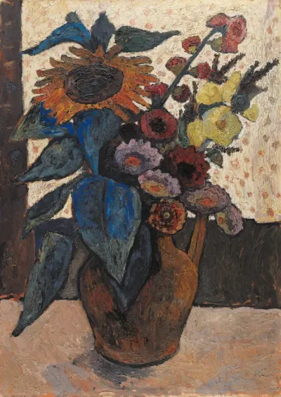 Still Life with Sunflowers, Hollyhocks, and Dahlias