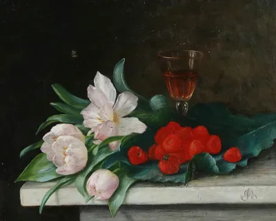 Still life with tulips and strawberries.