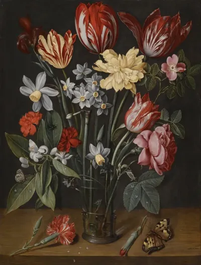 Still life with tulips, daffodils, carnations and other flowers in a vase, all resting on a wooden ledge with butterflies and a fly