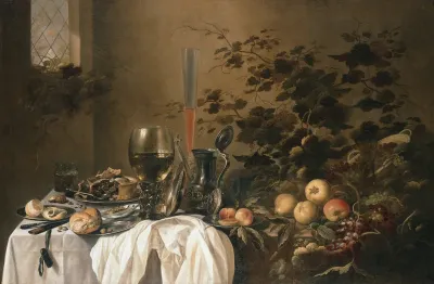 Still life with tumblers and fruit