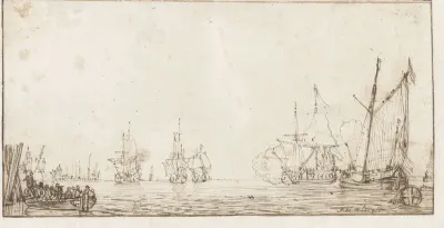Stille zee met schepen en een roeiboot links