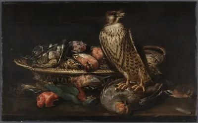 Stilleben med vandrefalk og fugle