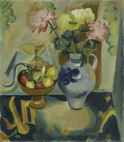 Stilleben mit Chrysanthemen und Früchten