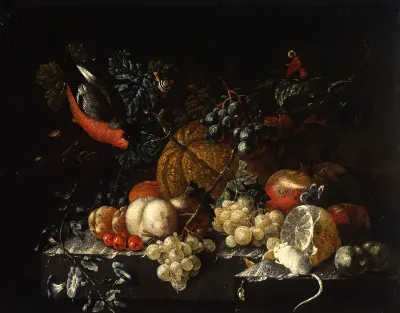 Stilleben mit Früchten, Blumen und Tieren (links ein Dompfaff)