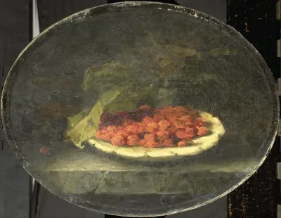 Stilleven met aardbeien in een witte schaal
