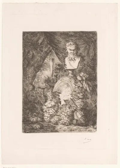 Stilleven met Bacchus-buste, druiven en vaatwerk