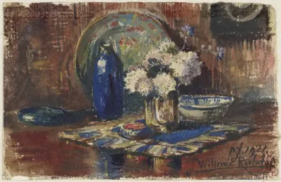 Stilleven met blauwe fles en vaas met bloemen