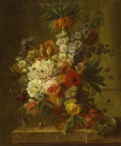 Stilleven met bloemen en vogelnest