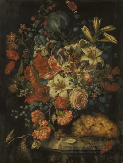 Stilleven met bloemen en vruchten