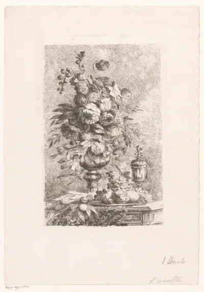 Stilleven met bloemenvaas en schaal met fruit