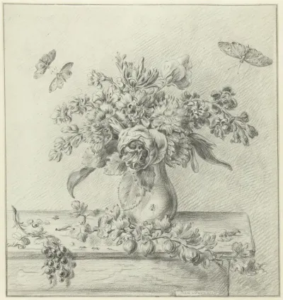 Stilleven met bloemstuk, vruchten en insecten