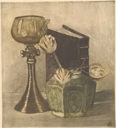 Stilleven met boek, wijnglas en lampionplant in gemberpot