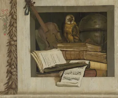 Stilleven met boeken, bladmuziek, viool, hemelglobe en een uil