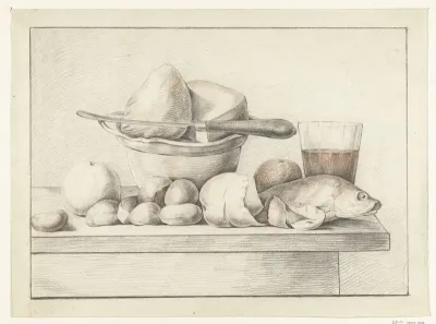 Stilleven met brood, kaas, vis, fruit en een glas wijn