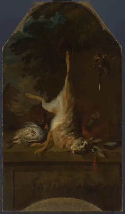 Stilleven met dode haas en patrijzen
