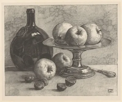 Stilleven met een fles, een schaal, appels, kastanjes en een mes
