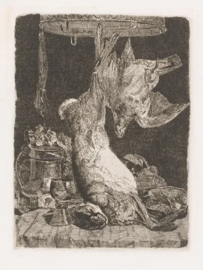 Stilleven met een haas en patrijs aan een wildkroon