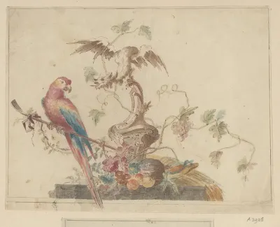 Stilleven met een ornament met een draak, bloemen, fruit en een papegaai