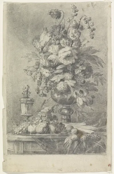 Stilleven met een schaal vruchten en een vaas met bloemen