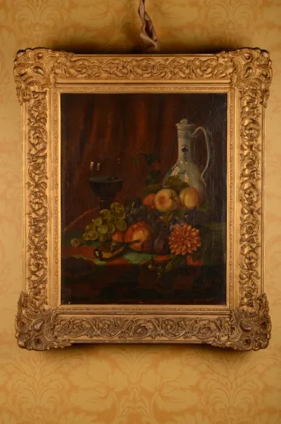 Stilleven met fruit, kan en glas