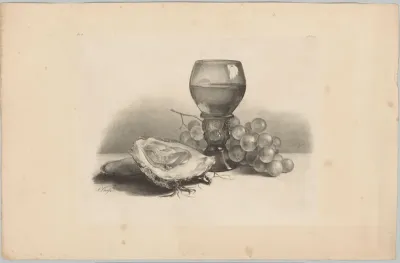 Stilleven met glas, oesters en druiven