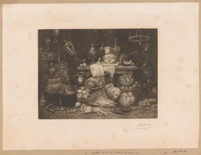 Stilleven met groenten en vaatwerk