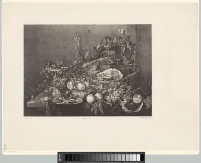 Stilleven met ham, kreeft en vruchten