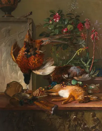 Stilleven met jachtbuit en Griekse stèle: allegorie op de Herfst