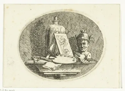 Stilleven met palet, schilderij en buste van Mercurius