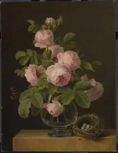 Stilleven met rozen en een vogelnestje