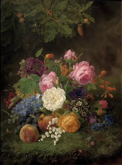 Stilleven met rozen, lelietjes-van-dalen en fruit