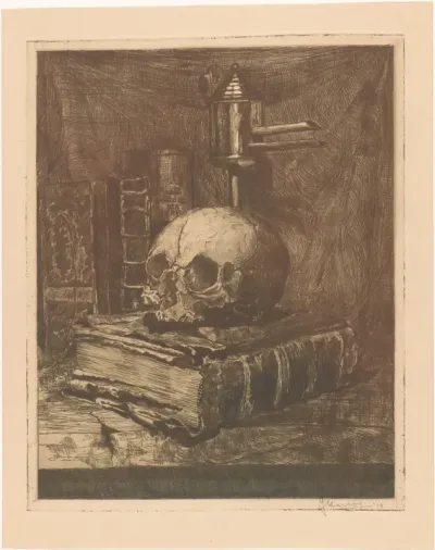 Stilleven met schedel op een boek