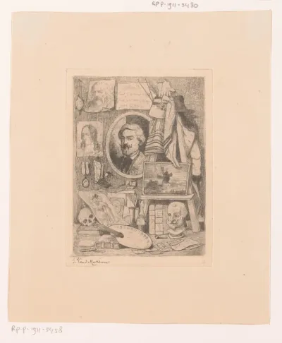 Stilleven met schildersmaterialen en portretten