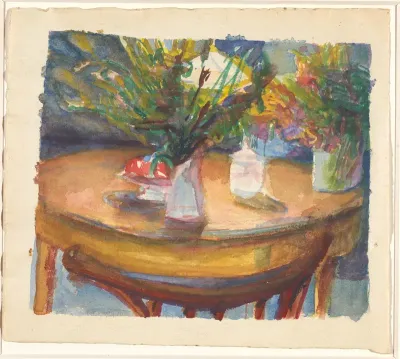 Stilleven met tafel met vazen