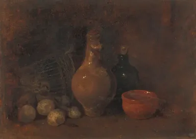 Stilleven met vier vruchten, glas en aardewerk